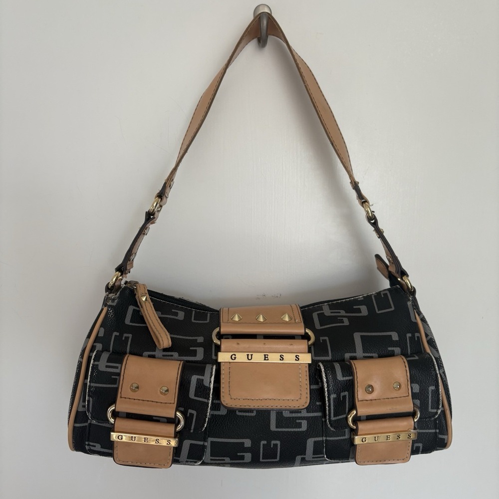 Guess Monogram Y2K 2000's Vintage Shoulder Handbag Purse Black Synthetic Leather